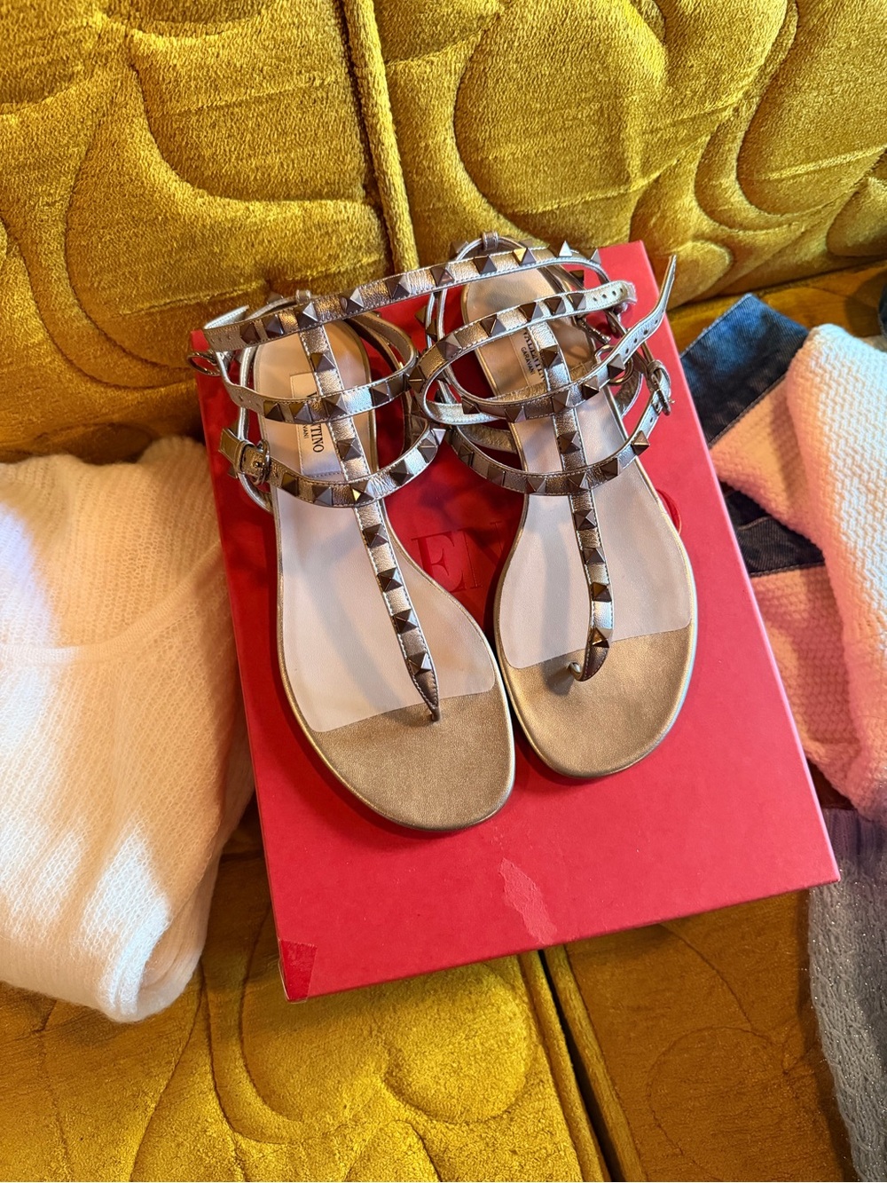 Valentino Metallic Gold Rockstud Strappy Sandals